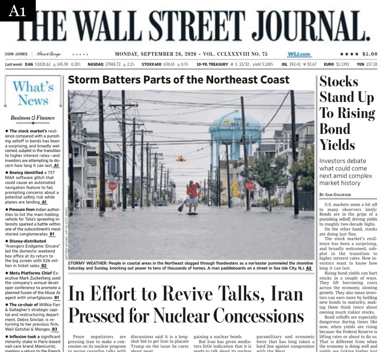 Wall Street Journal front page showing Dr. Eric Bunting paddleboarding through floodwaters in Sea Isle City during a nor’easter